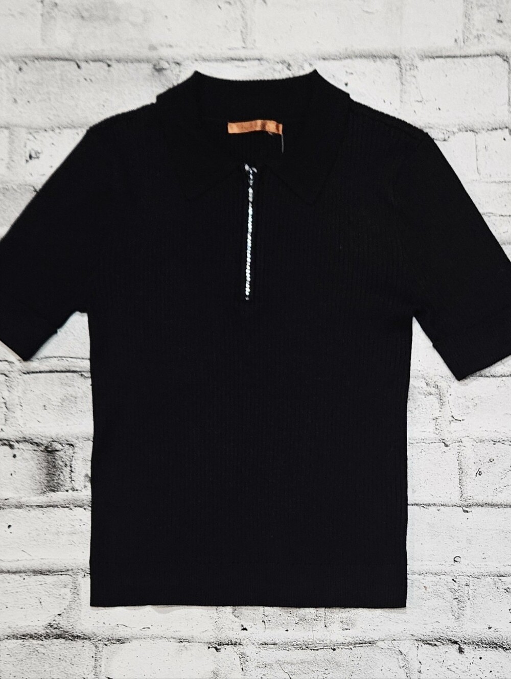 Beldini Rib Knit Zip Polo Sweater Top Black Short Sleeve Size Large NWT